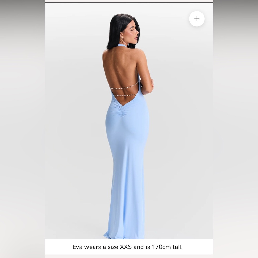 Sky Blue Open Back Bodycon Halter Dress with removable pearl chain